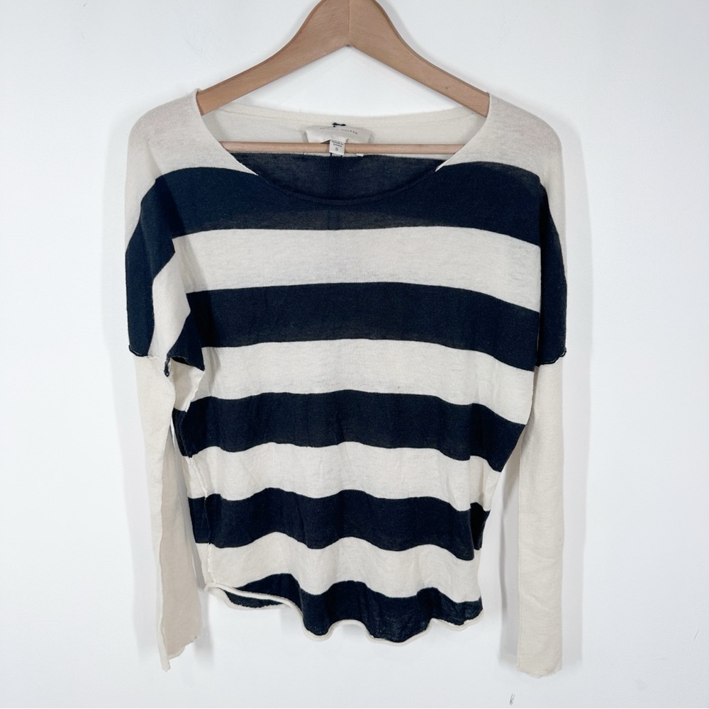 Brochu Walker Lightweight 100% Cashmere Sweater Size Small Black Ivory Stripe D4